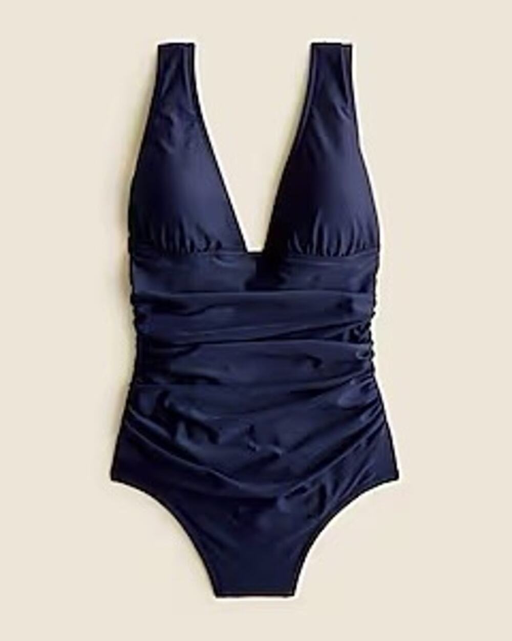 J Crew Ruched V Neck Navy Blue Full Low Cut Leg UPF 50 One Piece Swim Size 16